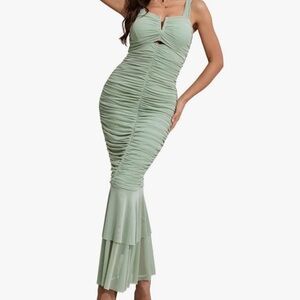 Chartou Elegant Mint Green Ruched Mermaid Maxi Dress